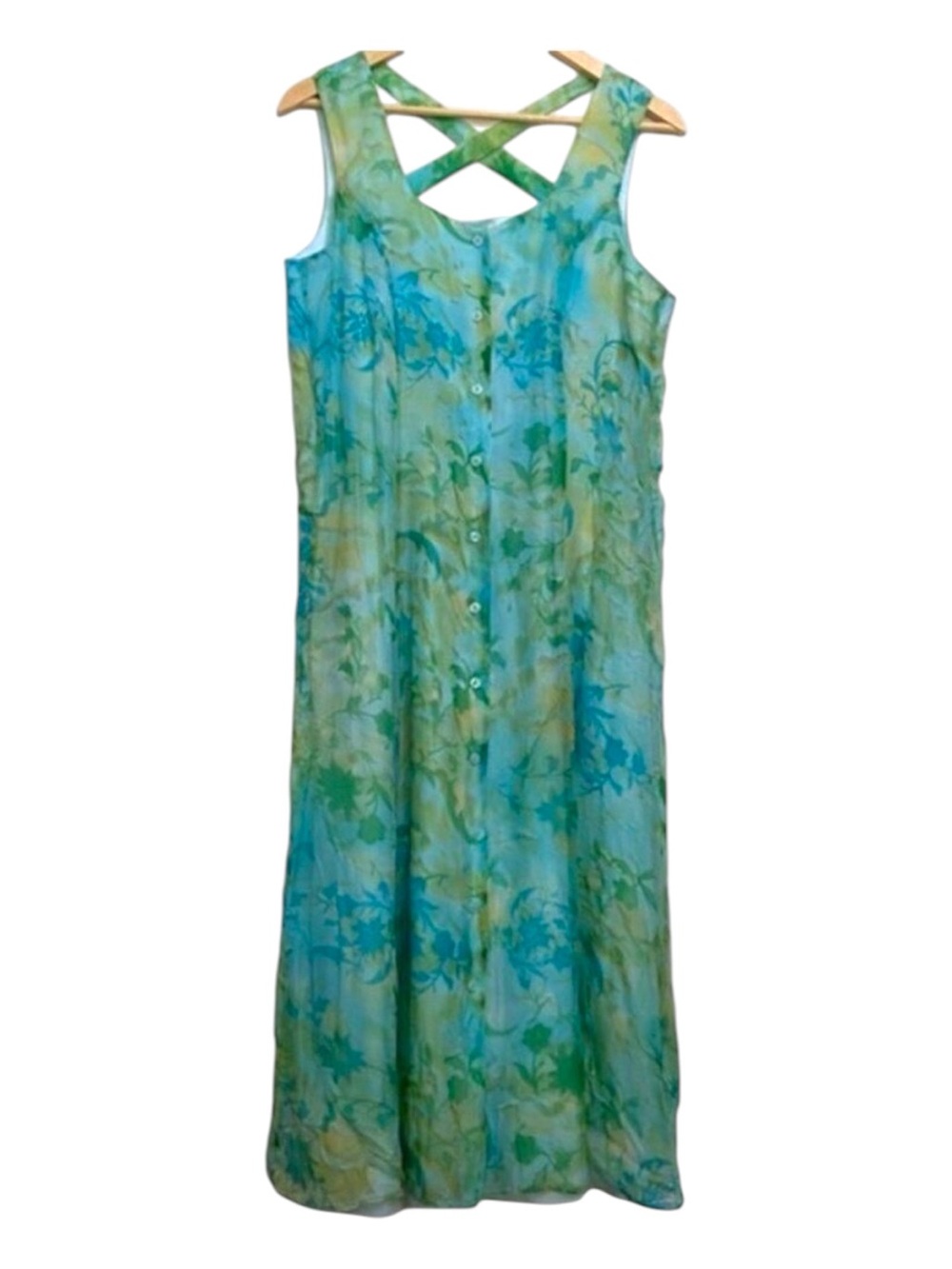 COLDWATER Creek 100% silk dress 12 lightweight blue Kelly green button feminine